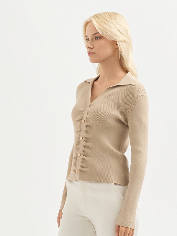 Kadın Bej Drape Detaylı Triko Hırka
