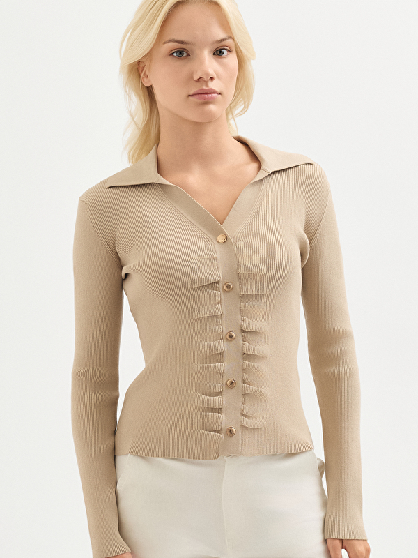 Kadın Bej Drape Detaylı Triko Hırka