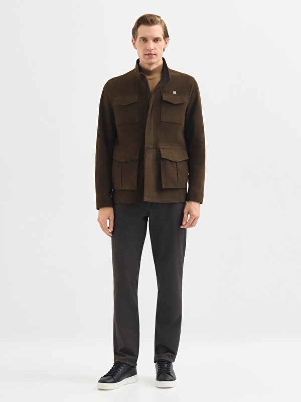 Erkek Haki Deri Mont