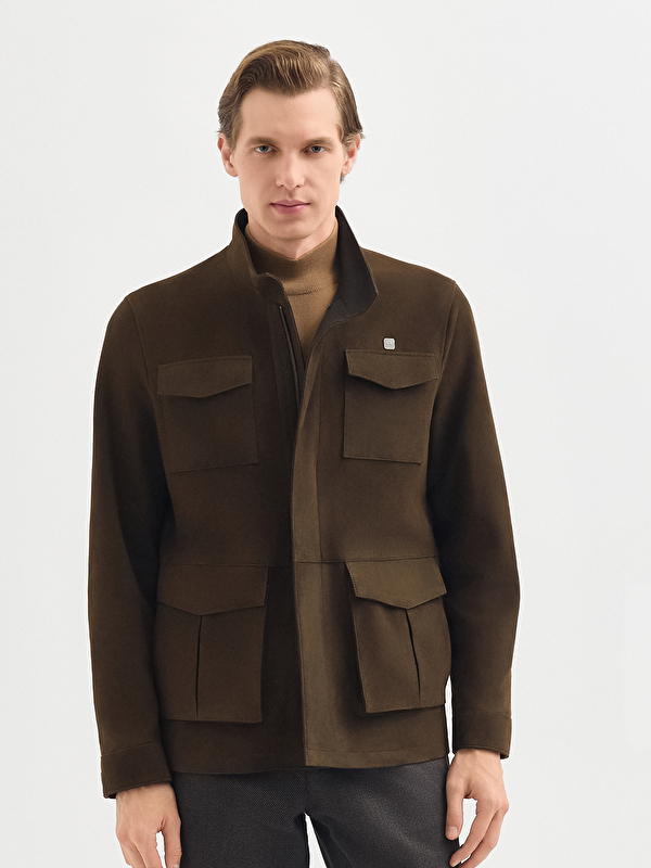 Erkek Haki Deri Mont