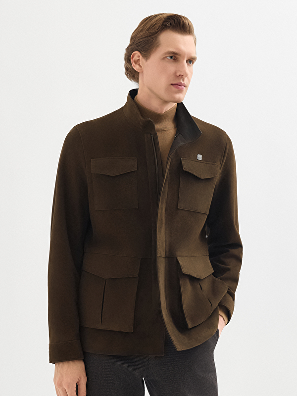 Erkek Haki Deri Mont