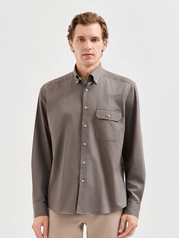 Erkek Haki %100 Pamuk Regular Fit Gömlek