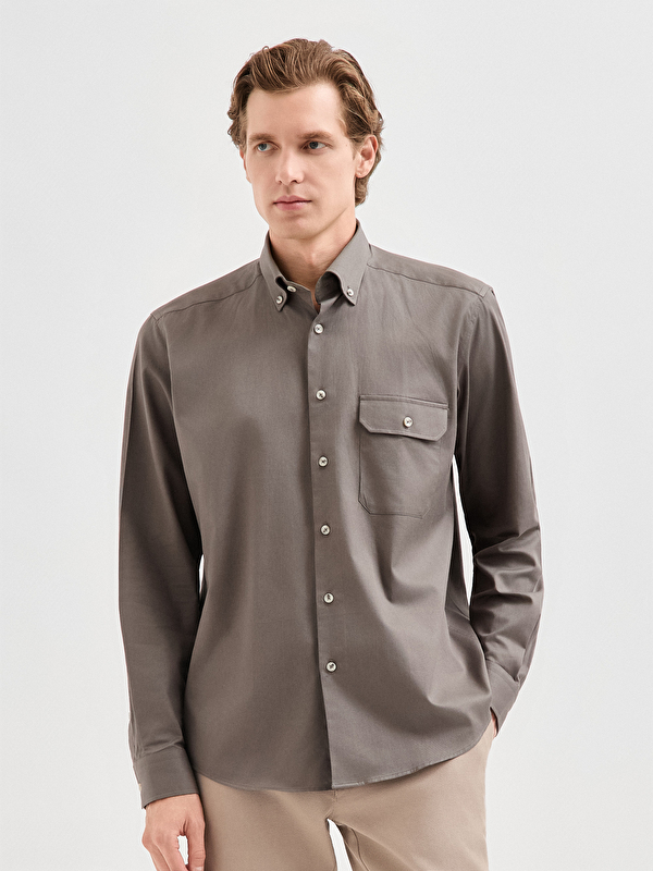 Erkek Haki %100 Pamuk Regular Fit Gömlek