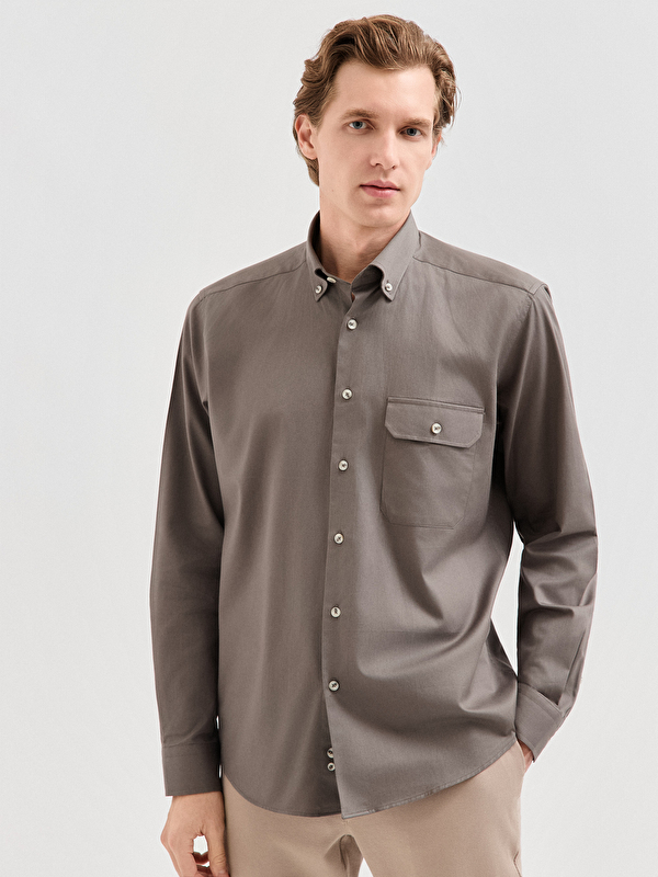 Erkek Haki %100 Pamuk Regular Fit Gömlek